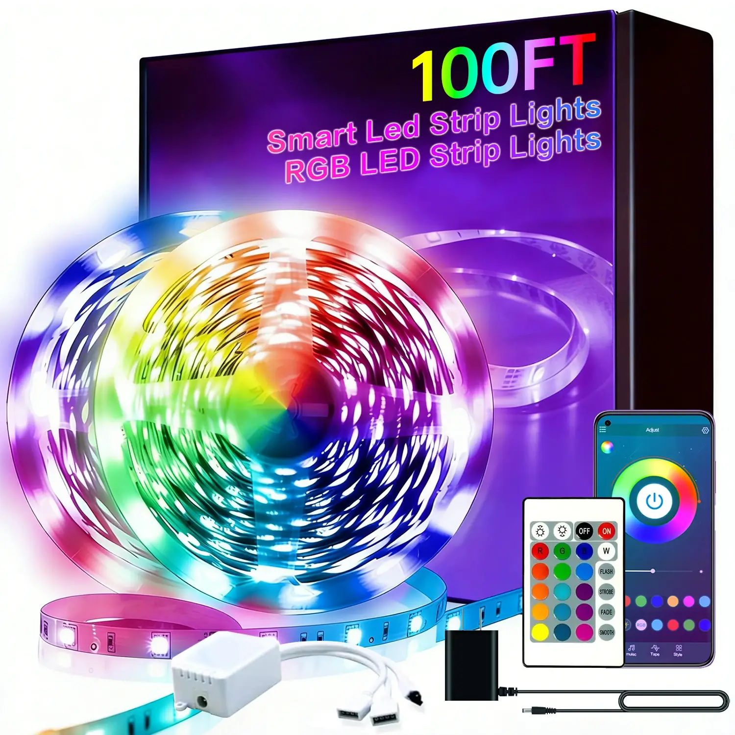 100FT RGB LED Strip Lights with Remote & App Control - Image 1